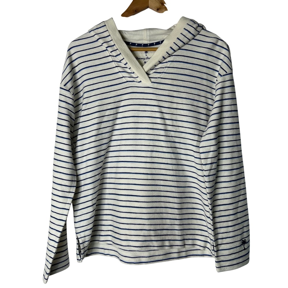 Tommy Bahama NWT Hoodie M Pebble‎ Bay Striped Pullover Hoodie Cream Blue NEW